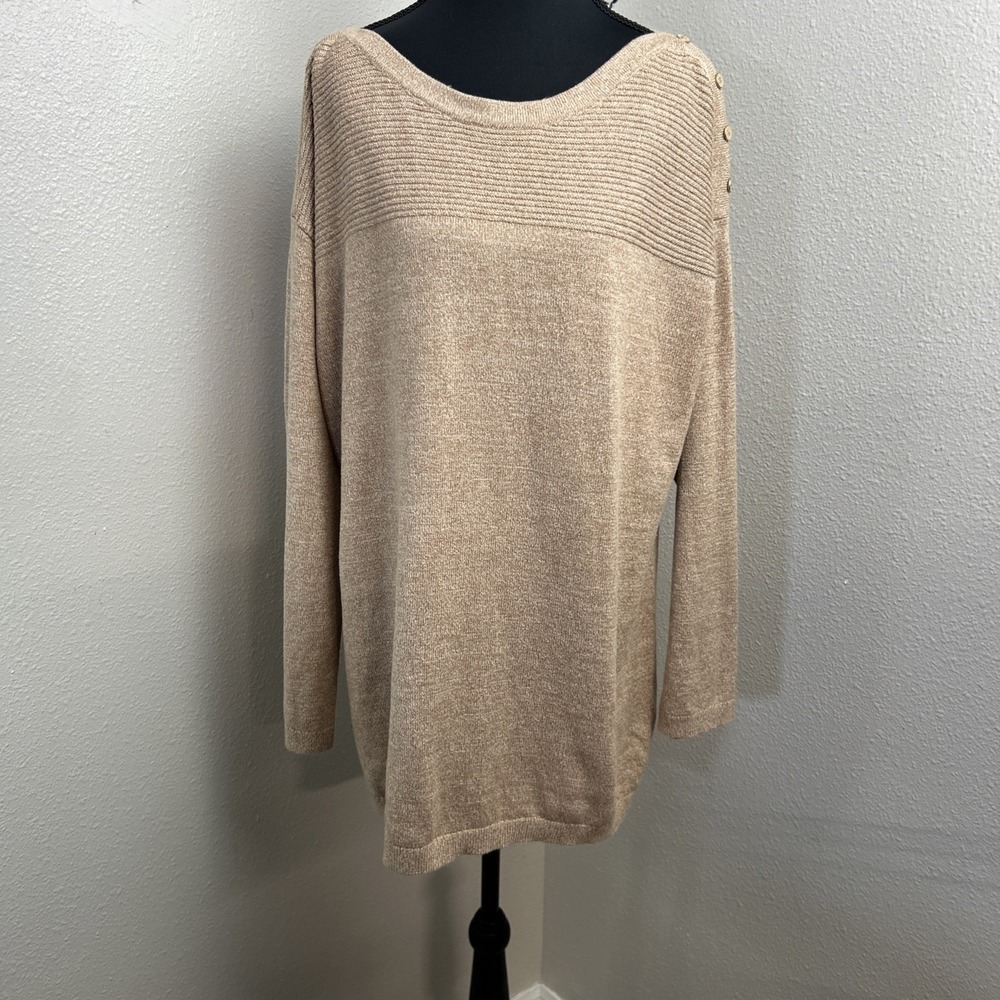 Talbots Pullover Sweater Women's XL Tan Ribbed Neck‎ Button Detail Long Sleeve